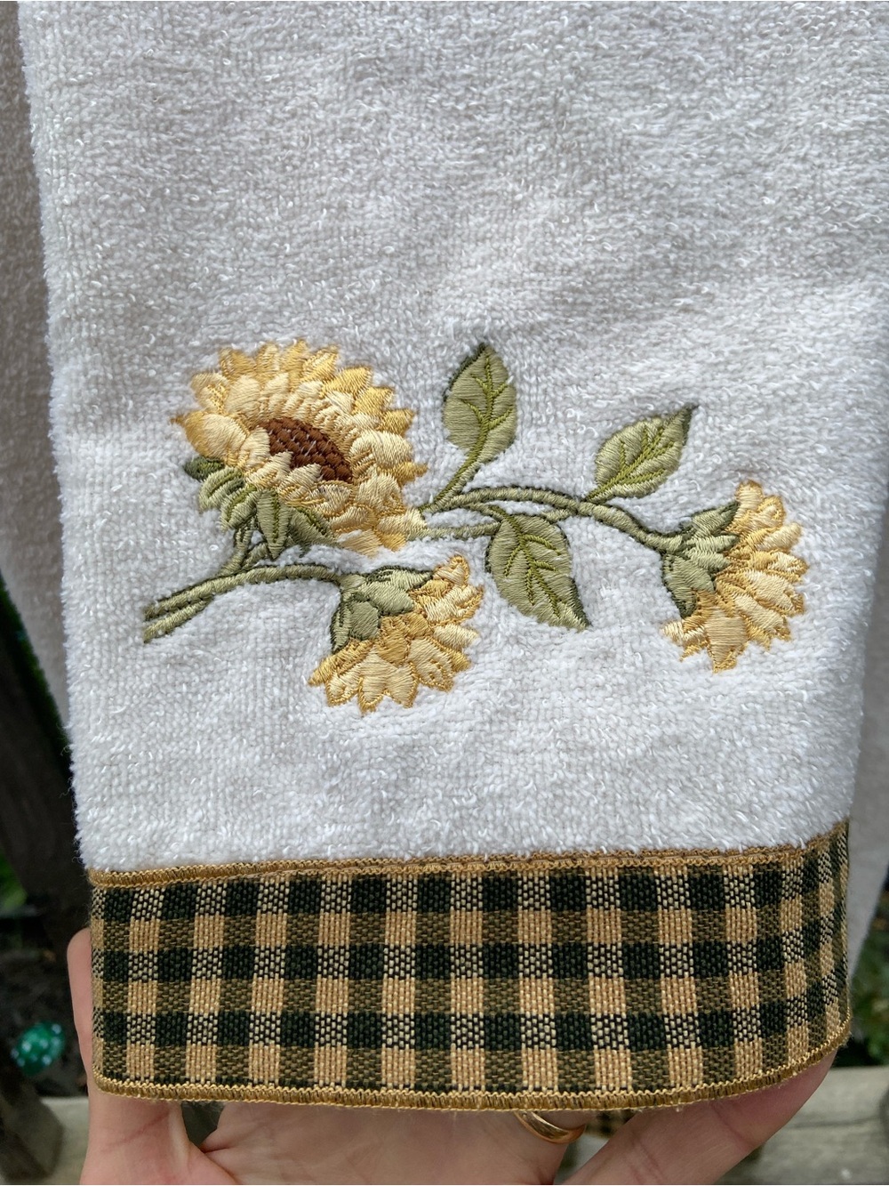 VTG 90s Sunflower Bath Towel Set Gingham Trim Embroidered Avanti Farmhouse - Picture 2 of 12